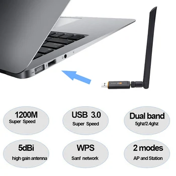 KEBIDU 1200Mbps USB 3.0, Wifi Adapteris Wi-fi Dongle Imtuvas 2.4 Ghz/5 ghz Dual Band, Network Kortelės RTL8812 5dBi Antenos Nešiojamas KOMPIUTERIS
