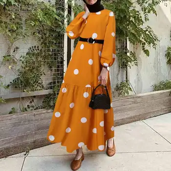 ZANZEA Moterų Dubajus Turkija Abaja Suknelė, Hijab Islamo Drabužių Caftan Marocain Eid Mubarek Derliaus Polka Dot Spausdinti Musulmonų Suknelė