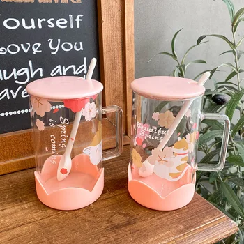 Rožinės spalvos stiklo puodelis su dangteliu ir šaukštu cute kačių gėlių puodelis arbatos puodelio pieno silikagelio stabdžių karčios taurės Moterų Mergina Gėrimų Butelių