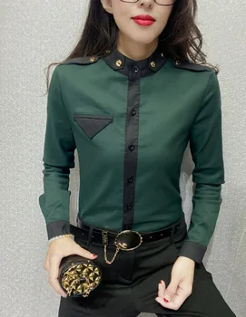 Ilgomis Rankovėmis armijos žalioji Marškinėliai Moterims Visiškai Sleeve black green Marškinėliai Moteris Office Lady Mygtuką Iki black Marškinėliai