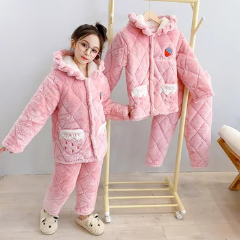 Trijų sluoksnių dygsniuotas sustorėjimas vaikų leisurewear kostiumas mergaičių naktiniai marškiniai, pižamos pridėta vilnos šiltas cuhk vaikų ilgai