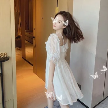Elegantiškas Pasakų Suknelė Balta Sluoksniuotos Rankovėmis Korėjos Mados-Line Suknelė Pynimas Derliaus Mini Suknelė Atsitiktinis Atostogų Šalis Suknelė Vestidos