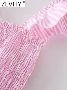 Zevity Moterų Mados Ruffles Dirželis Rožinė Dryžuota Spausdinti Elastinga Slim Midi Suknelė Moteriška Elegancija Trauktis Stiliaus Diržas Vestidos DS1461