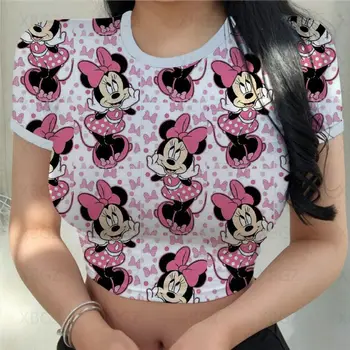 T-marškinėliai Slim Fit Y2k Spausdinti Moters Drabužius Animacinių filmų Mados Palaidinės 2022 Seksualus moteriški marškinėliai Mickey Pasėlių Viršuje Disney Minnie Mouse