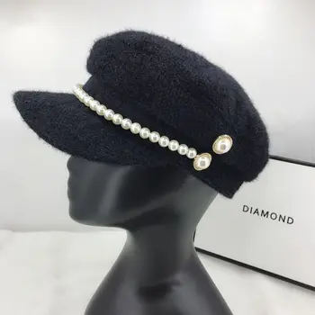 01911-fu-pearl pridėti chaki spalvos perlų mygtukai žiemą šiltas dirbtiniais kailiais lady aštuoniakampis skrybėlę moterų laisvalaikio skydeliai bžūp