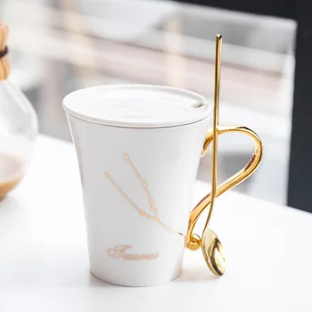 300ml Trumpas Linijos Modelis Pieno Kavos Puodeliai Su Dangteliu Šaukštas Aukso Keramikos Šiaurės Pusryčių Puodelis Office Home Drinkware Naujovė Dovana