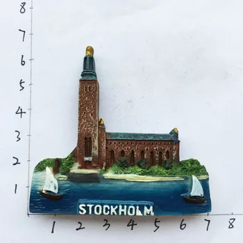 Švedijos vėliava, pastatas, Stockholm City Hall turizmo atminimo trimatis kraštovaizdžio šaldytuvas