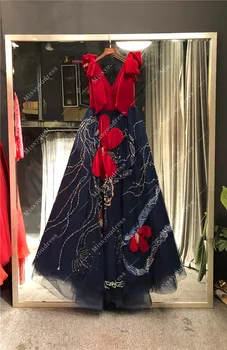 Raudonos Aksomo, Tamsiai Mėlynos Prabanga Individualų Nekilnojamojo Nuotraukas Sunkiųjų Karoliukai V-Kaklo-line Grindų Ilgis Vakare Šalies Prom Šokių Suknelės