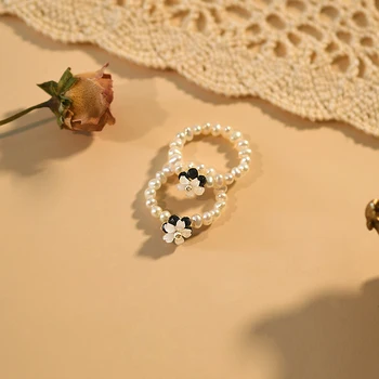 ASHIQI Natūralių gėlavandenių perlų Juoda spinel Shell Gėlės Žiedas 925 Sterlingas Sidabro Papuošalai Unikali Dovana Moterims