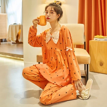 Korėjos Mados 2vnt Moterų Pižama Rinkiniai Pajama Pavasario V Kaklo Dizaino Kostiumas ilgomis Rankovėmis Kelnės Nustatyti Namų Drabužiai Princesė Pijamas